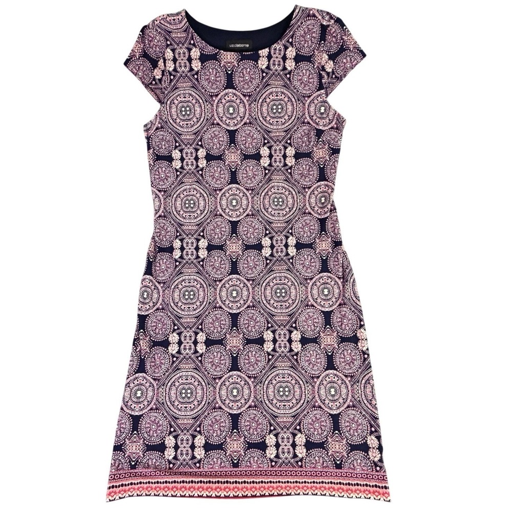 Women's‎ Navy Pink Geometric Print Cap Sleeve Sheath Dress Size 4